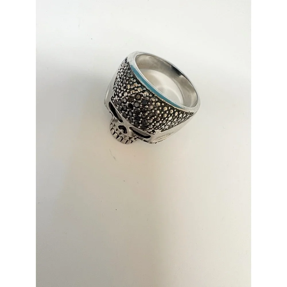 Silver Tone Black Crystal Pavé Skull Statement Ring‎ Gothic Biker Size Big
